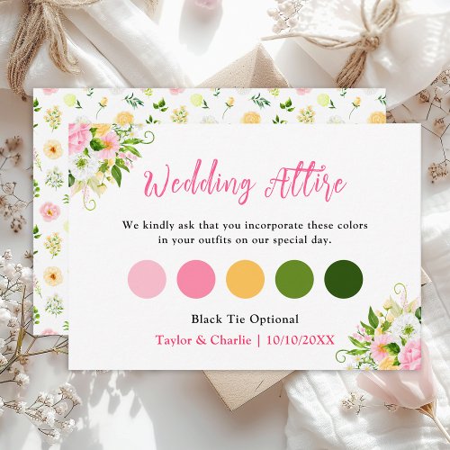 Pink and Yellow Floral Wedding Attire Dress Code Enclosure Card