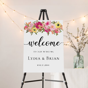 Pink and Yellow Floral White Wedding Welcome Sign