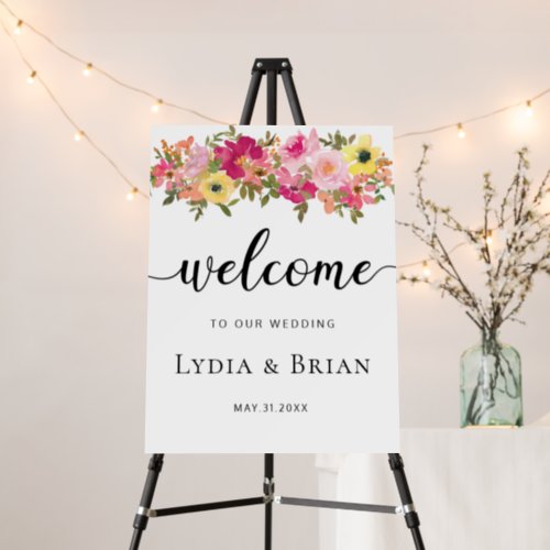 Pink and Yellow Floral White Wedding Welcome Sign