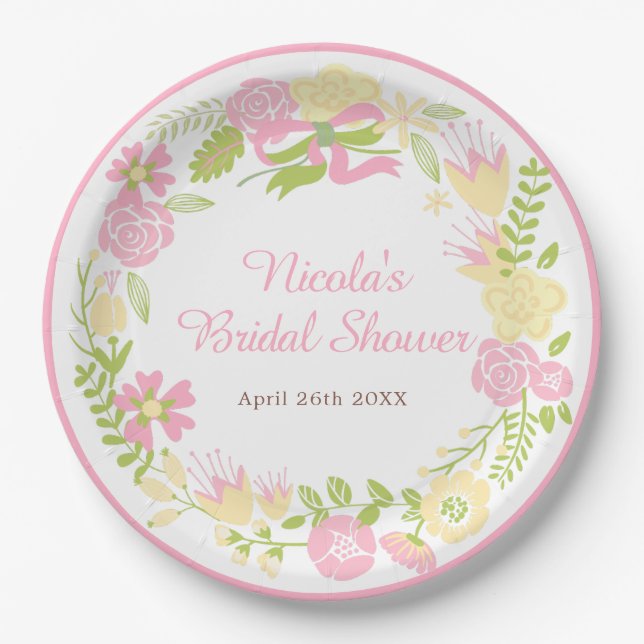 Pink and Yellow Floral Wreath Bridal Shower Paper Plates (Front)