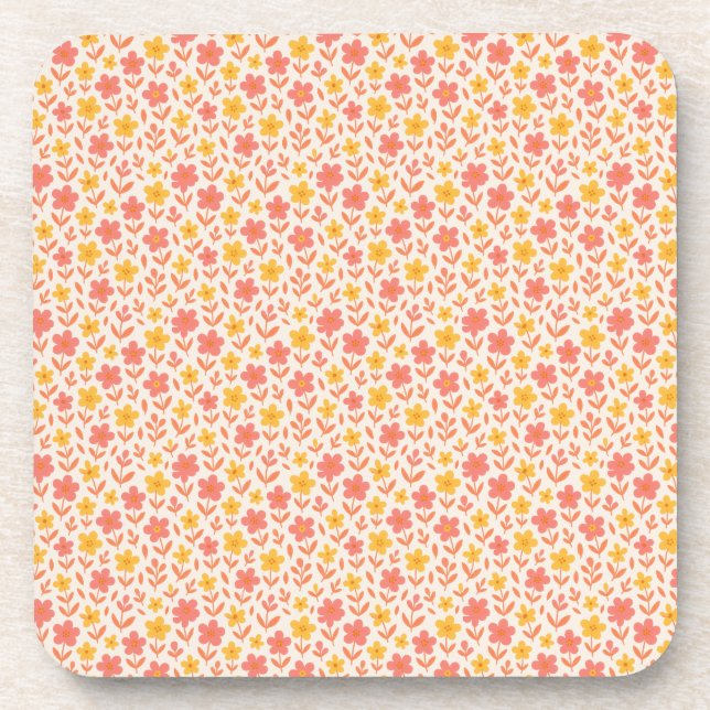 Pink and yellow flower pattern beverage coaster (Front)