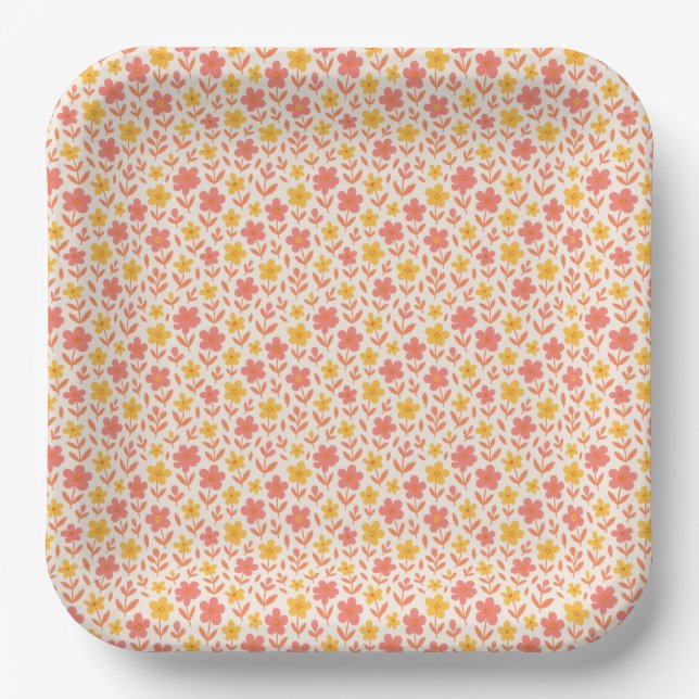 Pink and yellow flower pattern paper plates (Front)