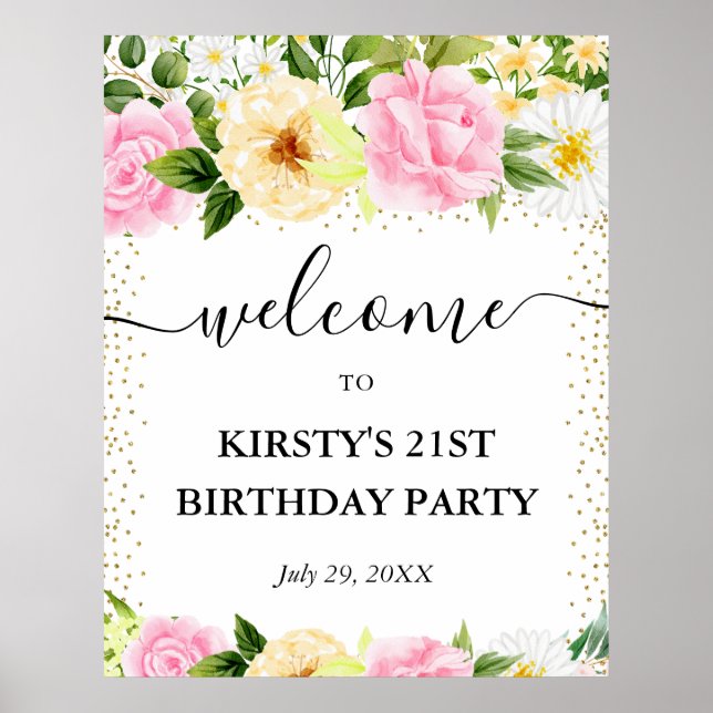 Pink and Yellow Flowers 21st Birthday Welcome Poster (Front)
