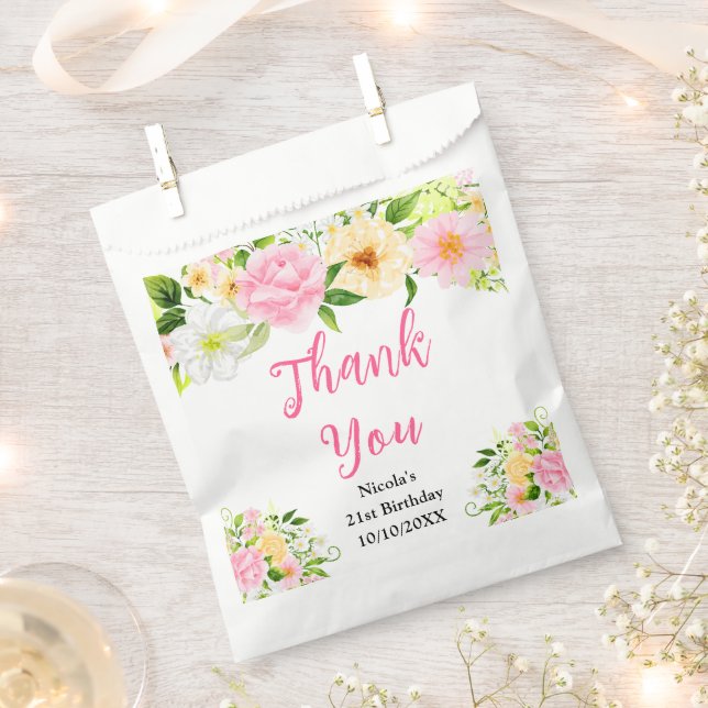 Pink and Yellow Flowers Birthday Thank You Favor Bag (Clipped)