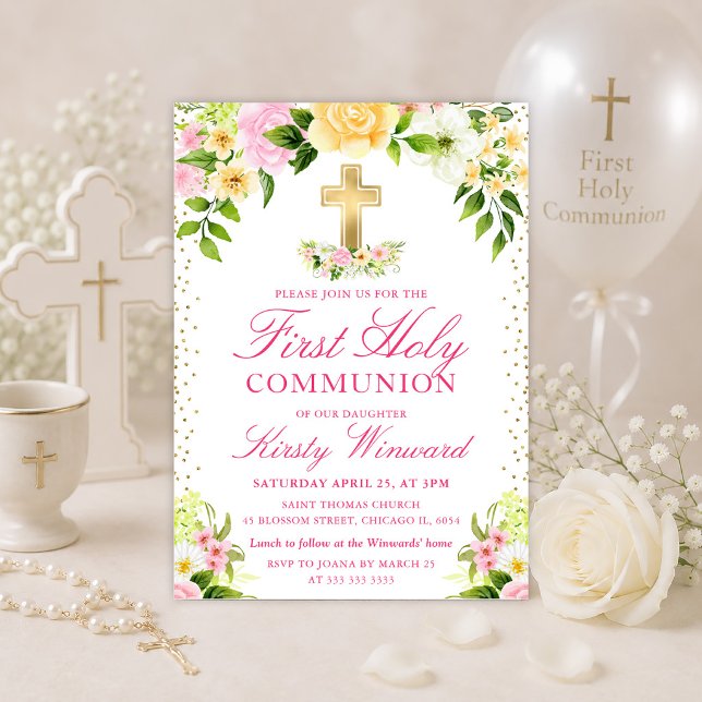 Pink and Yellow Flowers First Holy Communion Invitation (Creator Uploaded)