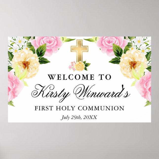 Pink and Yellow Flowers First Holy Communion Poster (Front)