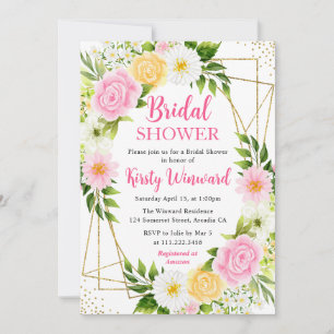 Pink and Yellow Flowers & Gold Frame Bridal Shower Invitation