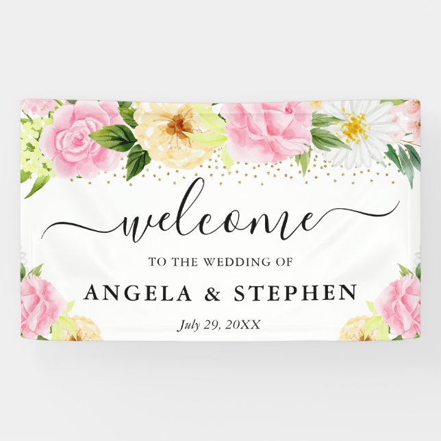 Pink and Yellow Flowers Wedding Welcome Banner (Horizontal)