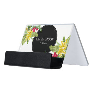 Pink And Yellow Flowers With Ferns Desk Business Card Holder