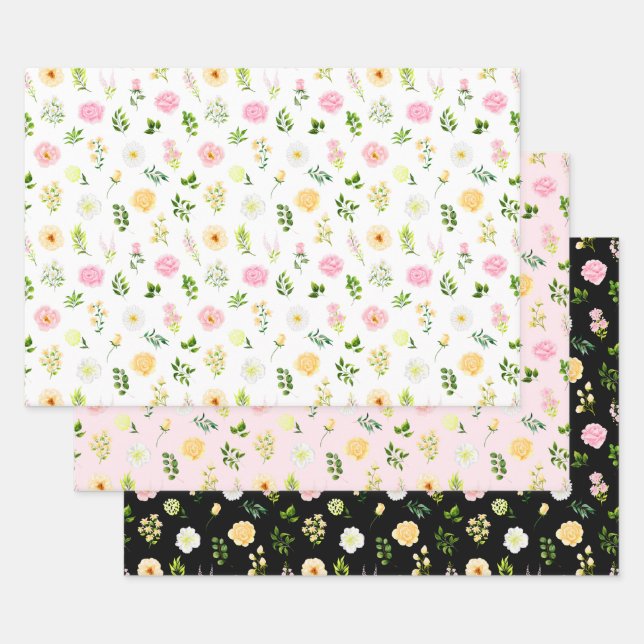 Pink and Yellow Flowers with Foliage Pattern Wrapping Paper Sheets (Set)