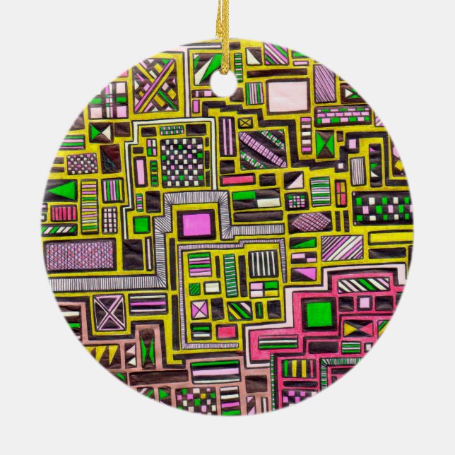 Pink and Yellow Geometric shapes pop art punk Ceramic Ornament (Back)