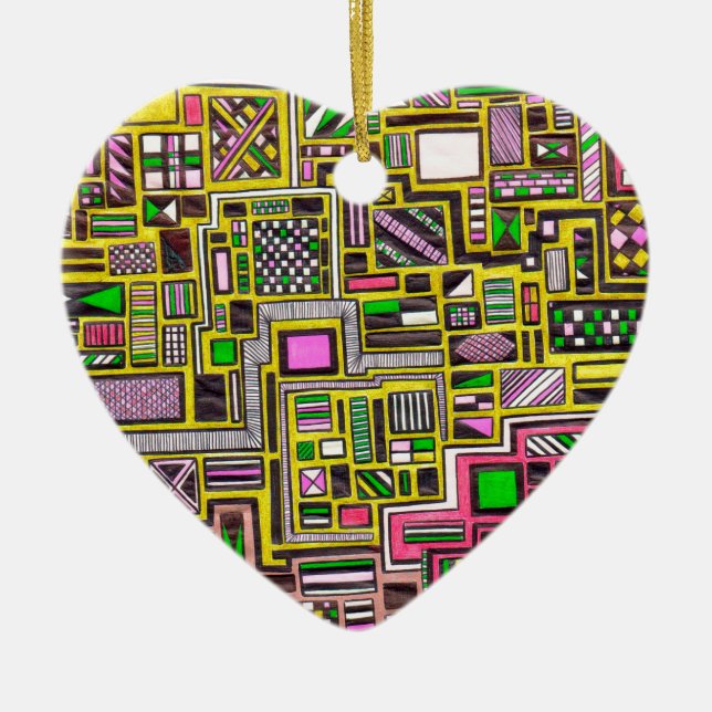 Pink and Yellow Geometric shapes pop art punk Ceramic Ornament (Front)