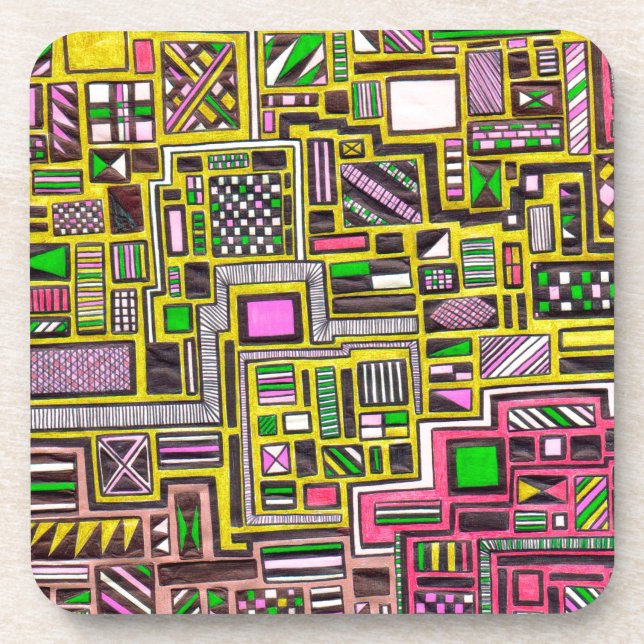 Pink and Yellow Geometric shapes pop art punk Drink Coaster (Front)