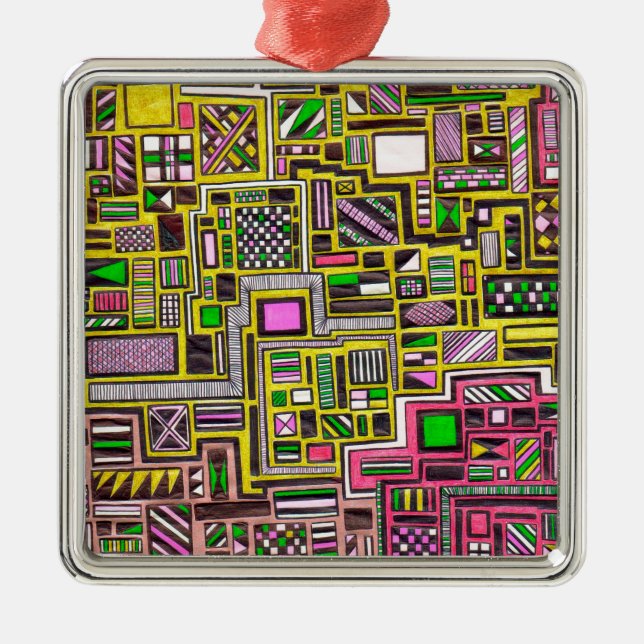 Pink and Yellow Geometric shapes pop art punk Metal Ornament (Front)