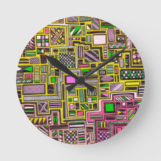 Pink and Yellow Geometric shapes pop art punk Round Clock (Front)