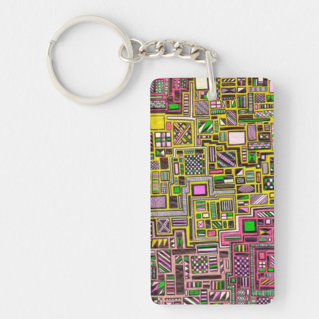 Pink and Yellow Geometric square pop art Keychain (Front)