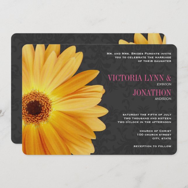 Pink and Yellow Gerber Daisy Wedding Invitation (Front/Back)