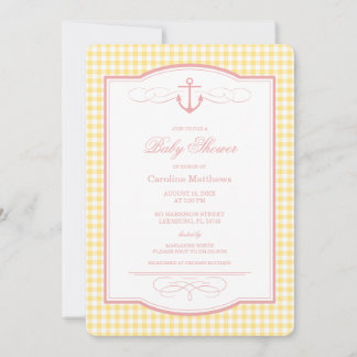 Pink and Yellow Gingham Preppy Coastal Baby Shower Invitation