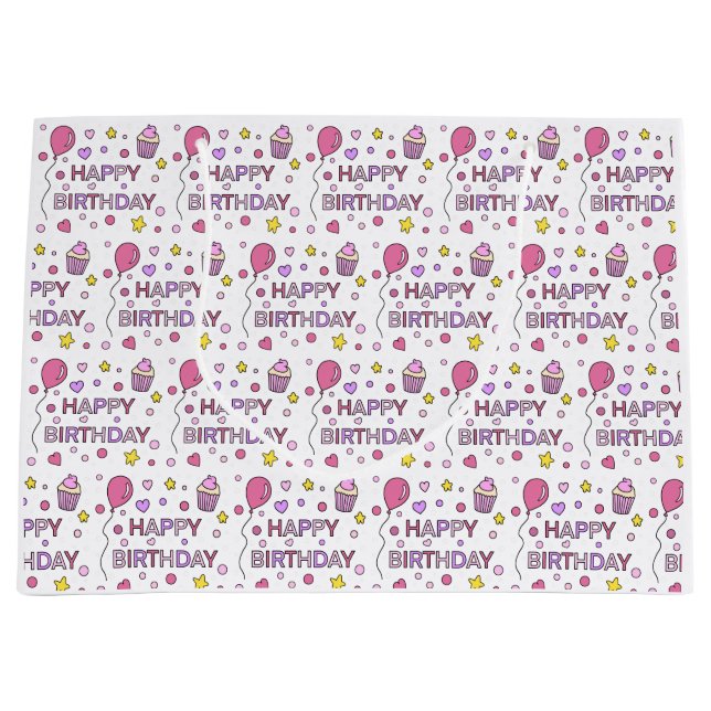 Pink and Yellow Happy Birthday Girl's  Large Gift Bag (Front)