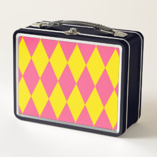 Pink and Yellow Harlequin Checkered Design Metal Lunch Box