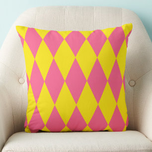 Pink and Yellow Harlequin Checkered Design Throw Pillow