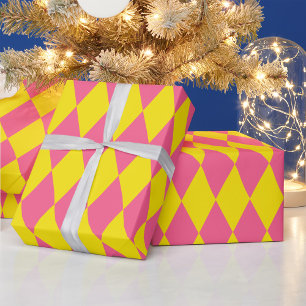 Pink and Yellow Harlequin Checkered Design Wrapping Paper