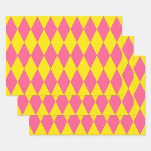 Pink and Yellow Harlequin Checkered Design Wrapping Paper Sheets