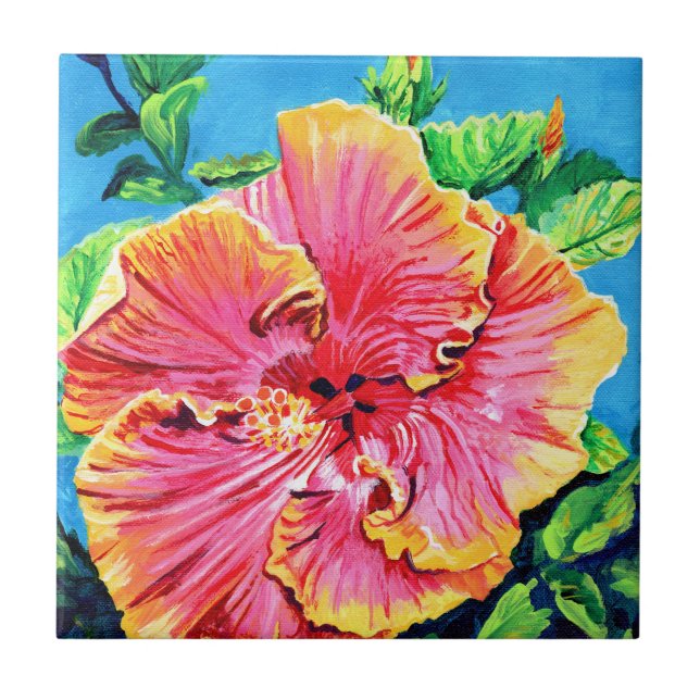 Pink and Yellow Hawaiian Hibiscus Ceramic Tile (Front)