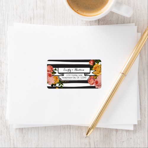 Pink and Yellow Heirloom Roses Black White Stripe Label