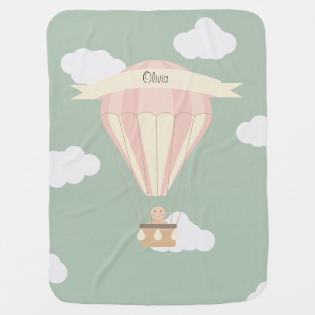 pink and yellow hot air balloon personalized baby blanket (Front)