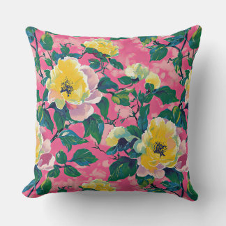Pink and Yellow Impressionist Chinoiserie Floral Throw Pillow