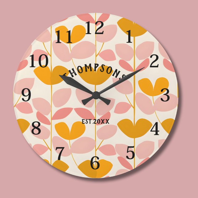 Pink and Yellow Leaf Design Modern Monogram  Large Clock (Creator Uploaded)