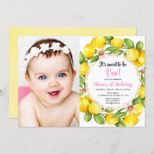 Pink and yellow lemon 1st birthday girl photo invitation