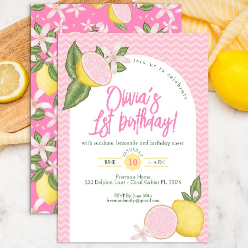 Pink and Yellow Lemon Birthday Party Invitation