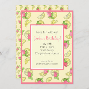 Pink and Yellow Lemon Girls Birthday Invitation