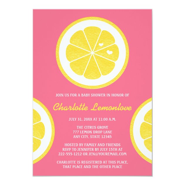 PINK AND YELLOW LEMON THEMED BABY SHOWER CARD