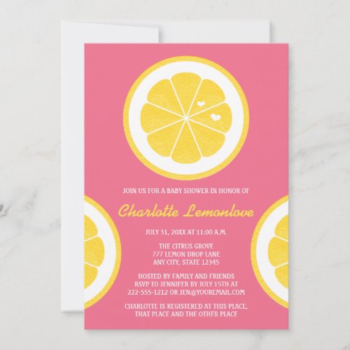 PINK AND YELLOW LEMON THEMED BABY SHOWER INVITATION