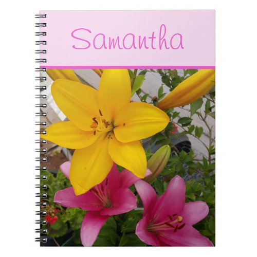 Pink and Yellow Lily Lillies Flower Girls Name  Notebook