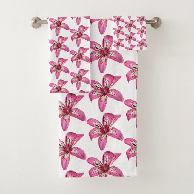 Pink and Yellow Lily Pattern Bath Towel Set