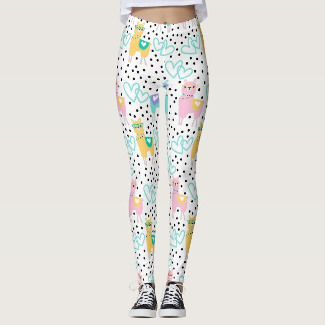 Pink and Yellow Llamas With Hearts Leggings (Front)