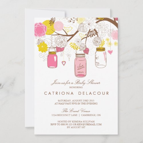 Pink and Yellow Mason Jars Baby Shower Invitation