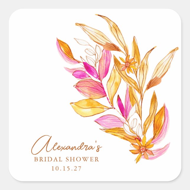 Pink and Yellow Minimalist Botanical Bridal Shower Square Sticker (Front)