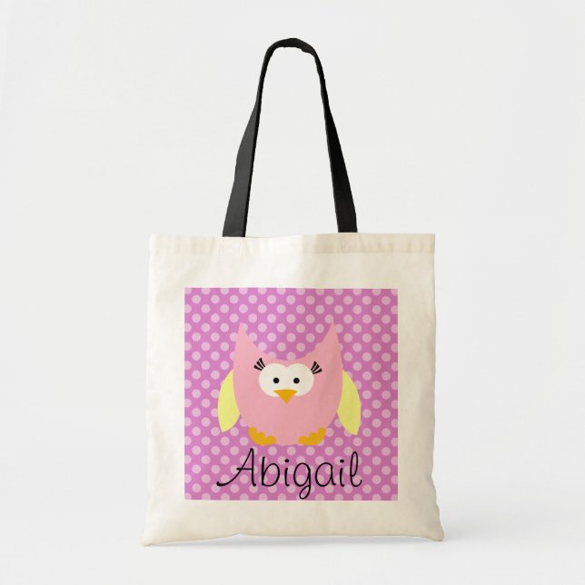 Pink and Yellow Owl On Dots Personalized Tote Bag (Front)
