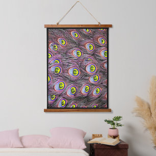 Pink and Yellow Peacock feathers Nature art Hanging Tapestry