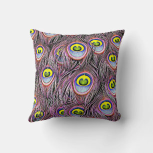 Pink and Yellow Peacock feathers Nature art Throw Pillow