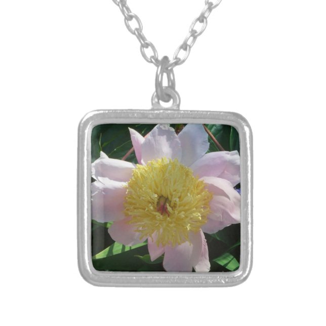 Pink and Yellow Peonies Beautiful Floral Silver Plated Necklace (Front)