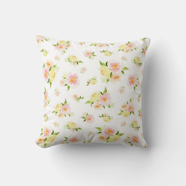 Pink and yellow peony floral watercolor throw pillow (Front)