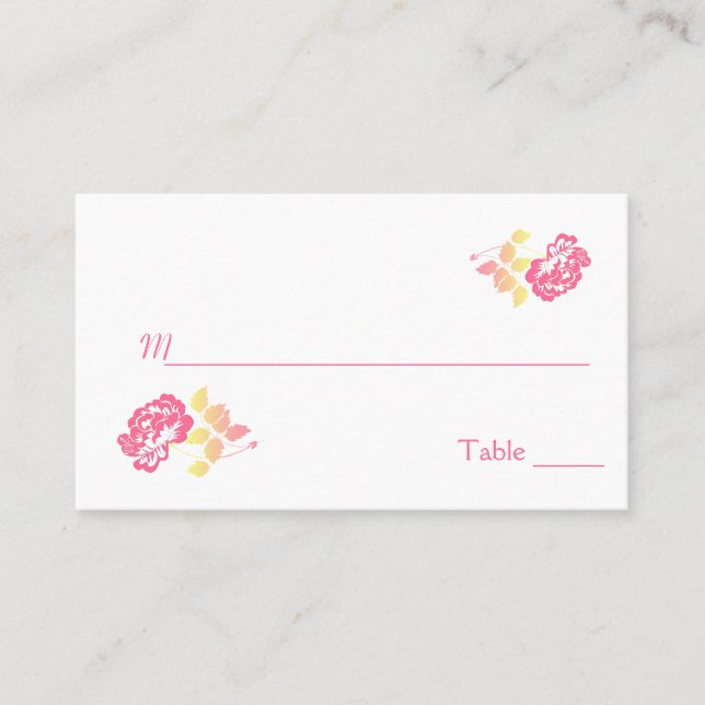 Pink and Yellow Peony on White Place Cards (Front)