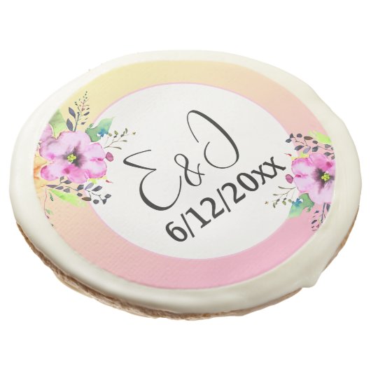 Pink and Yellow Petunias Wedding Personalized Sugar Cookie (Angled)