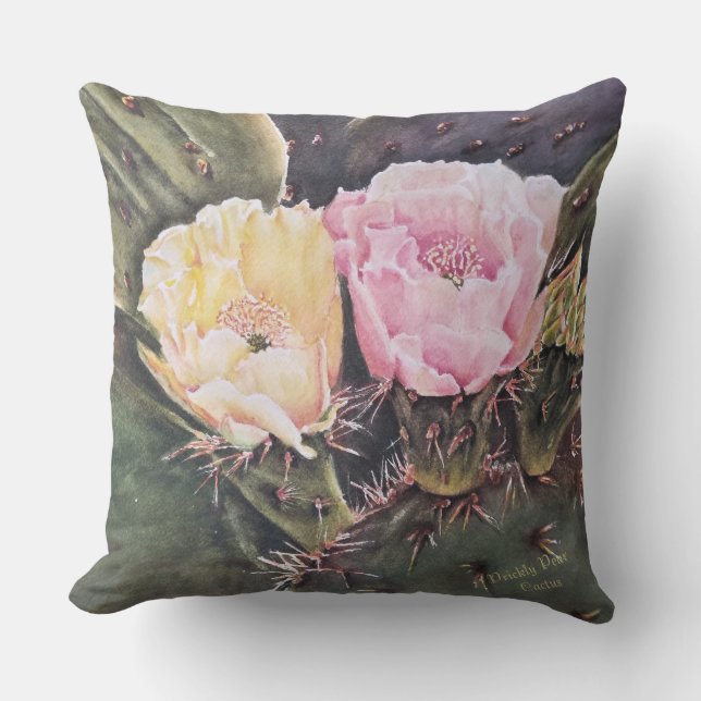 PINK AND YELLOW PRICKLY PEAR CACTUS FLOWERS OUTDOOR PILLOW (Front)